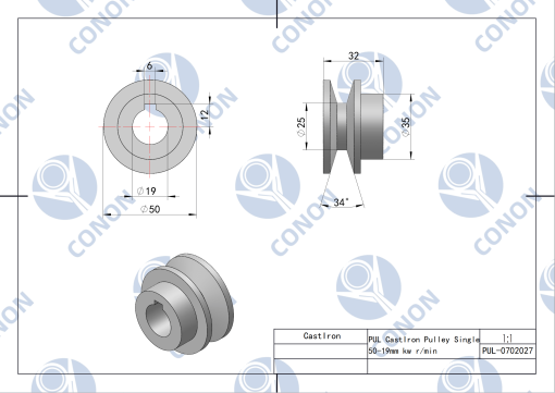 Single Groove V-Belt Pulley - 70mm OD, 19mm Bore, Cast Iron For Electric Motors