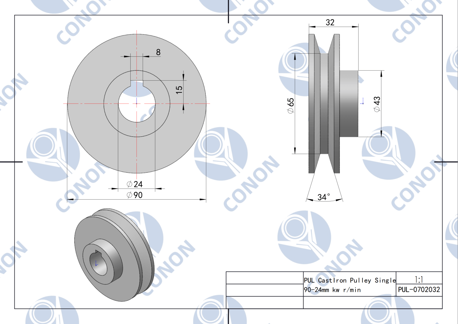 Double Groove Pulley 70mm Shaft Size 24mm for Electric Motor