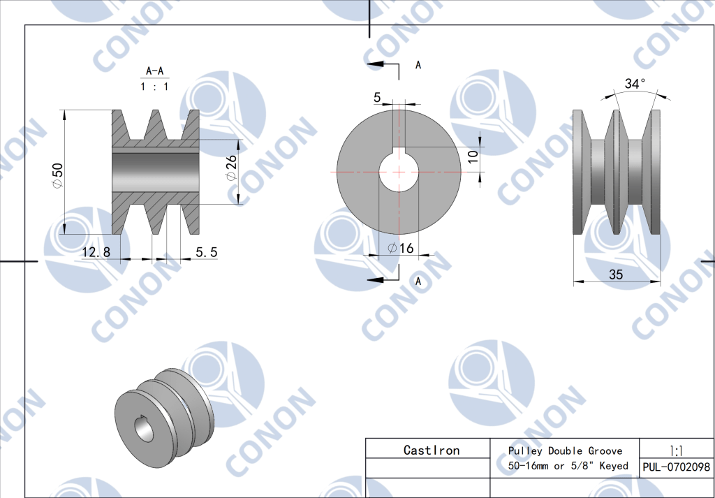 GUANGLU Single Groove Pulley – 50mm OD, 14mm Bore, Cast Iron, Electric Motor