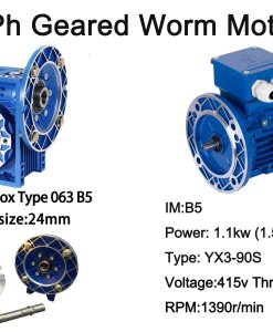 Three Phase 1.1kW 1.5HP 1400rpm Electric Motor & Worm Gearbox Type 063