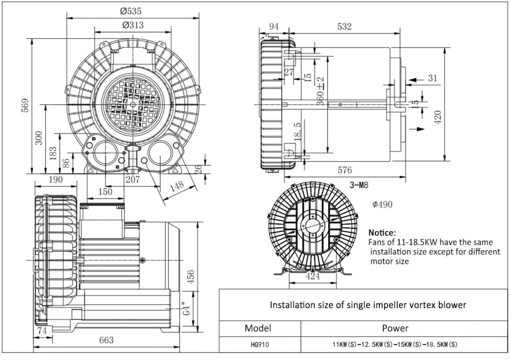0.75w/1HP single phase Air blower Gas pump High pressure suction Fan