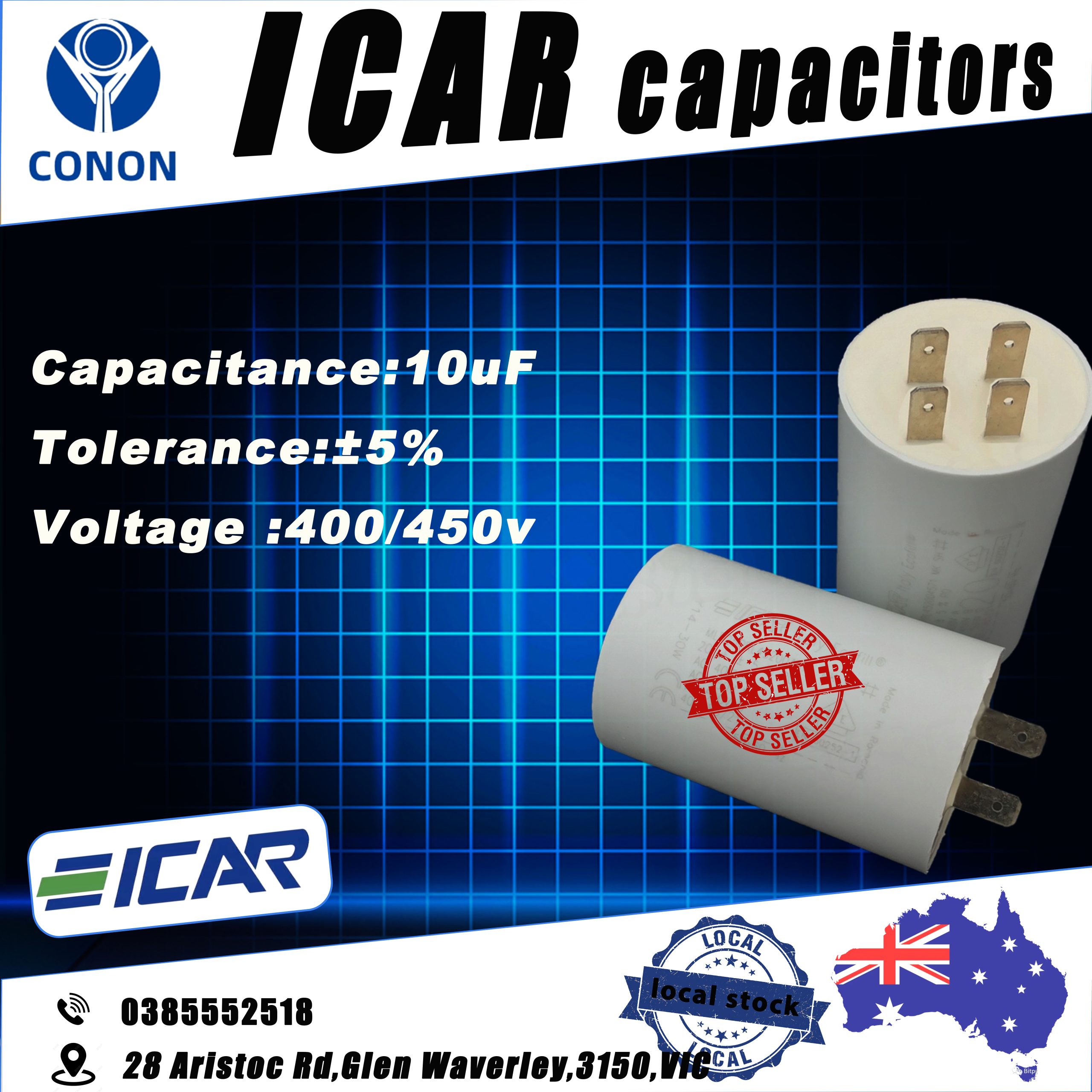 ICAR 10uF Run Capacitor P0 Plastic 400/450V motor pump spa dryer drill compress