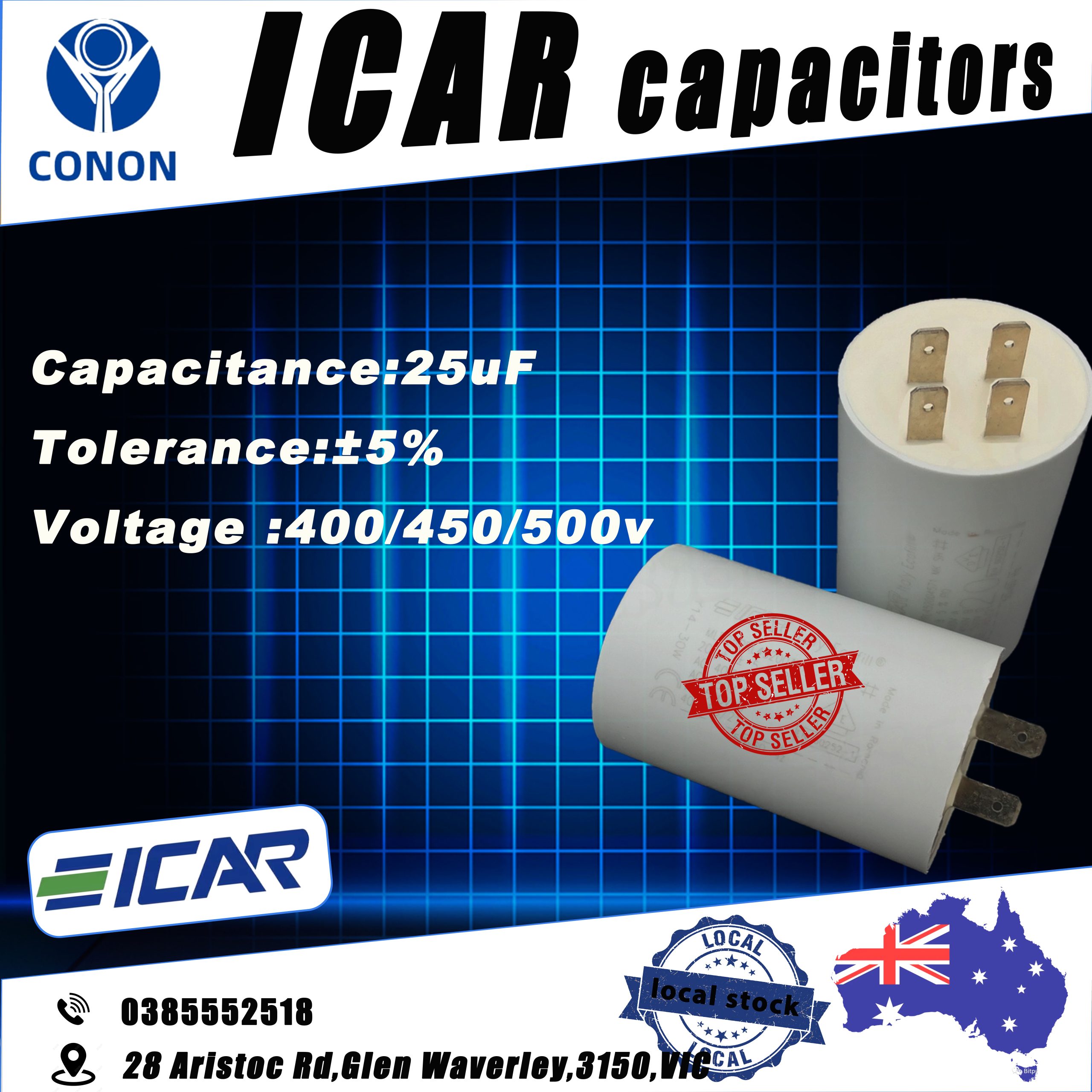 25uF Run Capacitor ICAR P0 Plastic 400/450/500V Long Life cap PRL motor pump