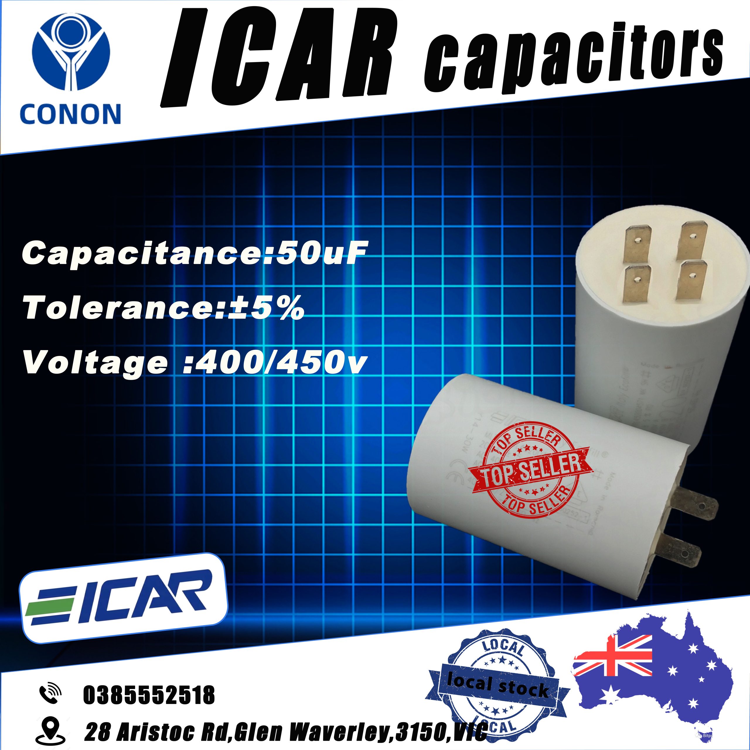ICAR 50uF Run Capacitor P0 Plastic 400/450V motor pump spa dryer drill compress